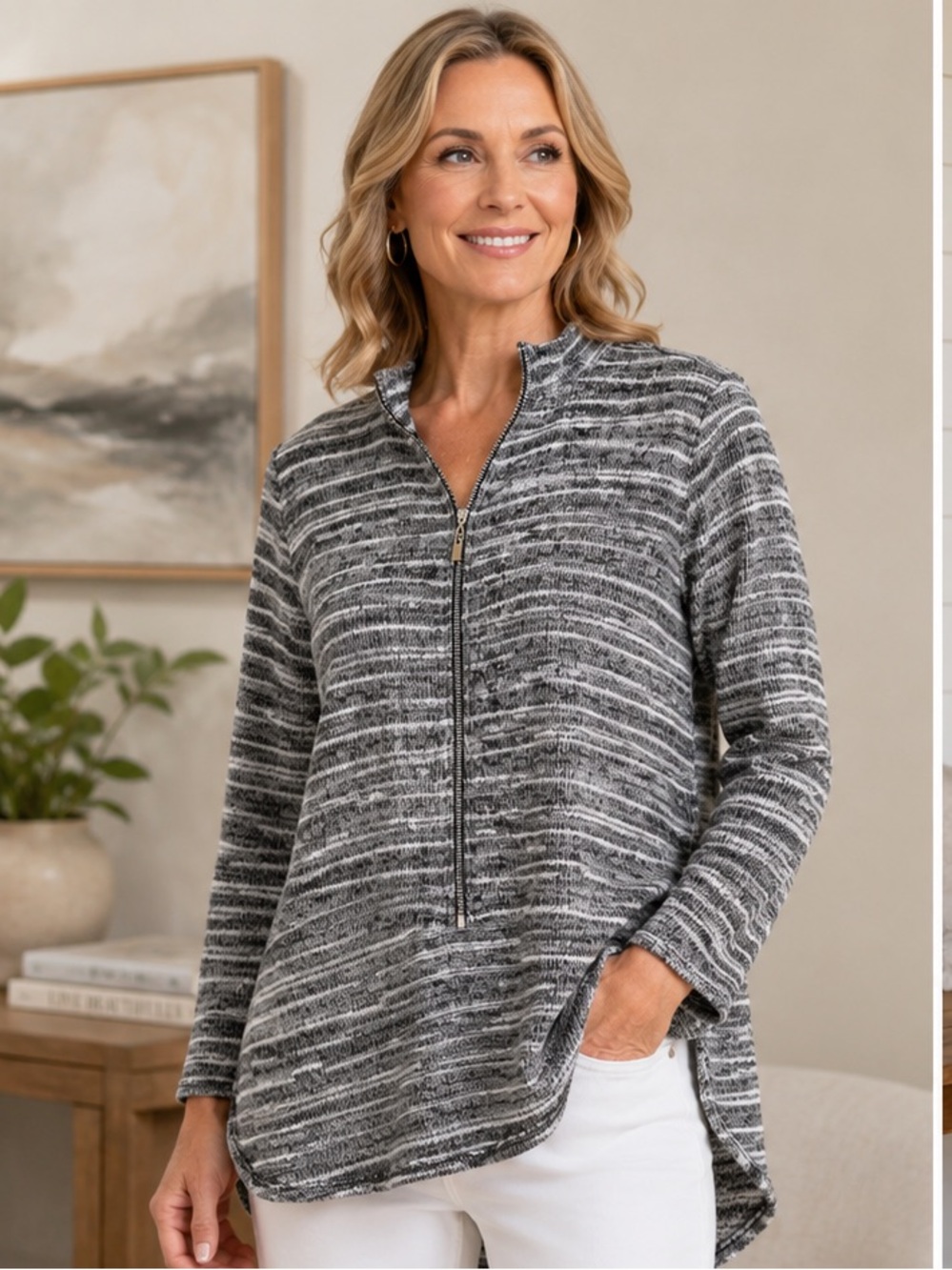 Joseph Ribkoff Black White Zip Front Cardigan Size 14 High Low Hem Lightweight